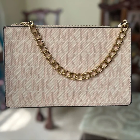 Michael Kors Monogram Nude Pink Leather Fanny Pack Belt with Gold Chain Zipper - Picture 1 of 9
